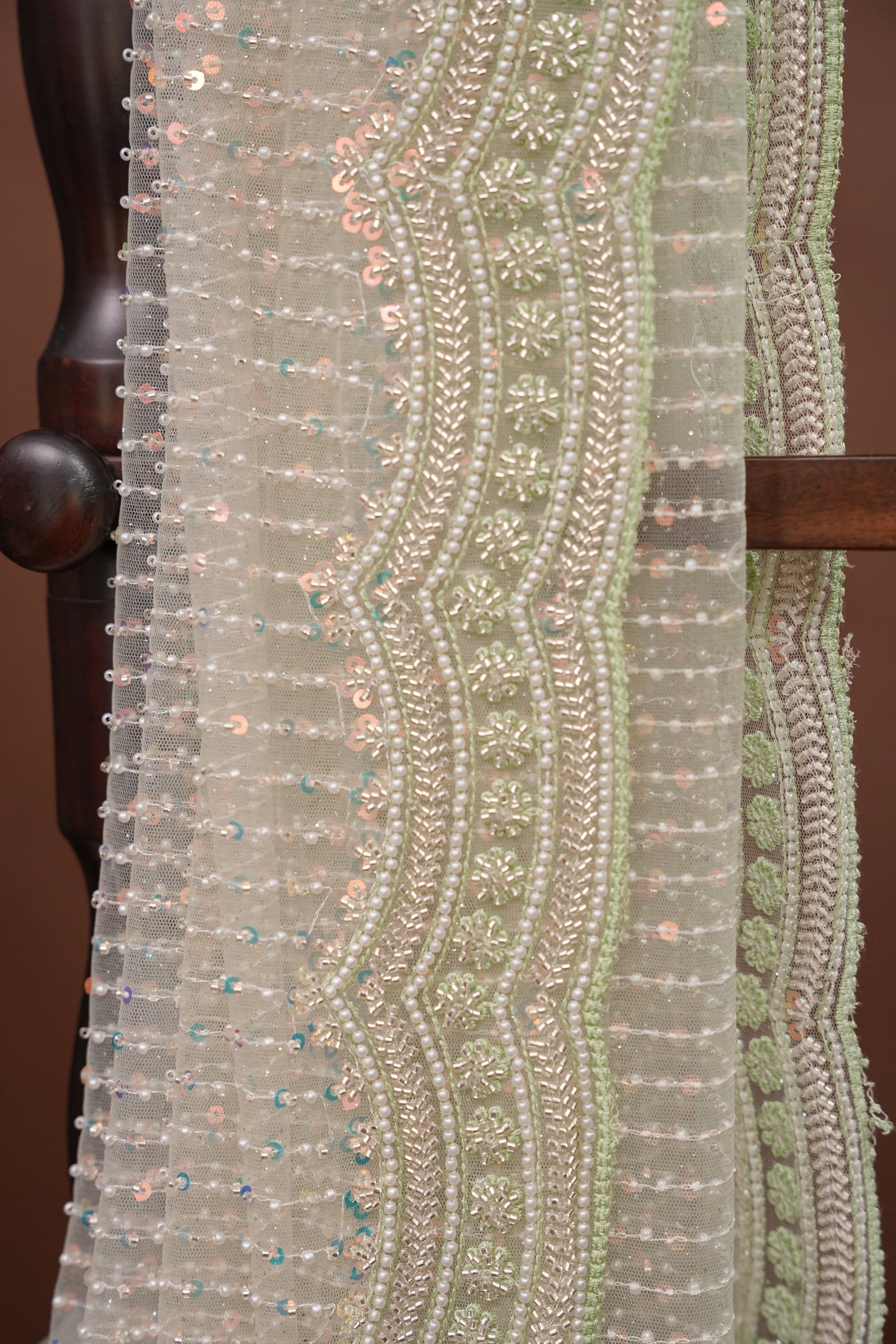 Party Wear Saree with All-Over Bead & Sequin Embellishments - Pastel Green