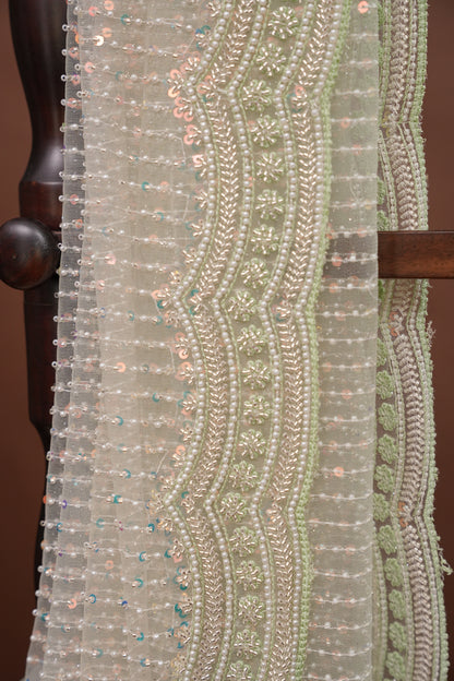 Party Wear Saree with All-Over Bead & Sequin Embellishments - Pastel Green