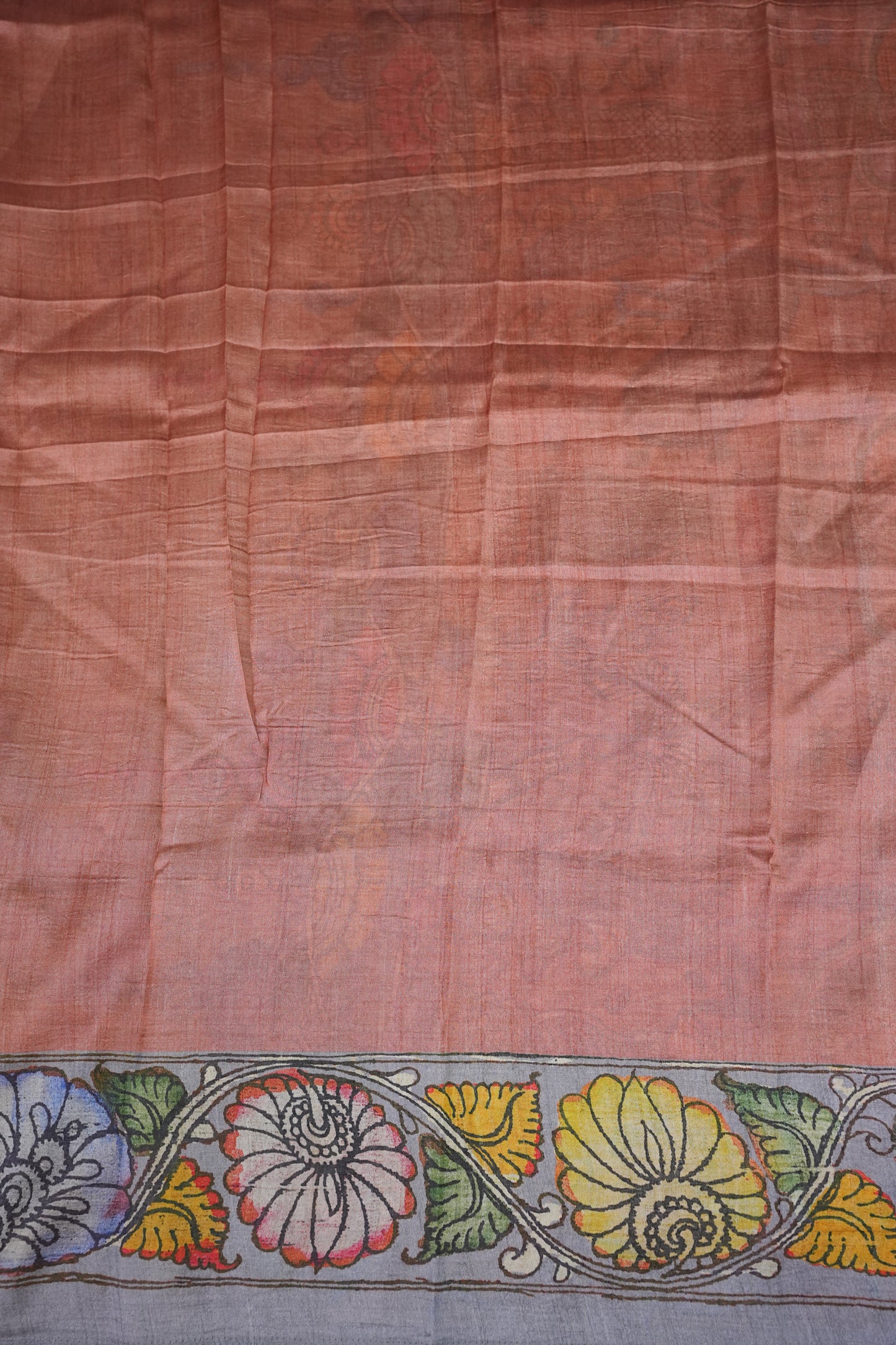 Tussar Saree with Kalamkari Body & Patola-Inspired Border and Pallu – Ivory, Peach & Grey