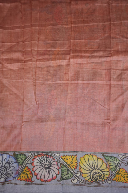 Tussar Saree with Kalamkari Body & Patola-Inspired Border and Pallu – Ivory, Peach & Grey