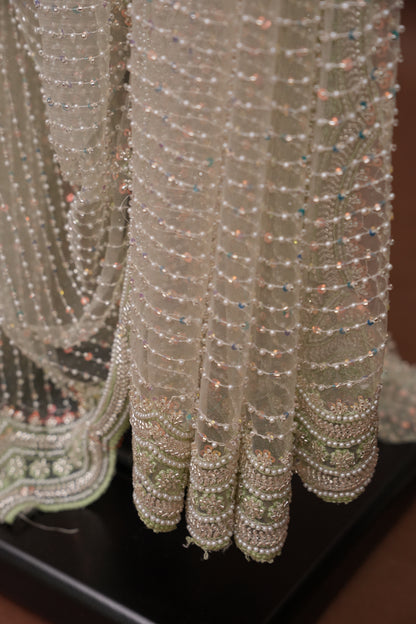 Party Wear Saree with All-Over Bead & Sequin Embellishments - Pastel Green