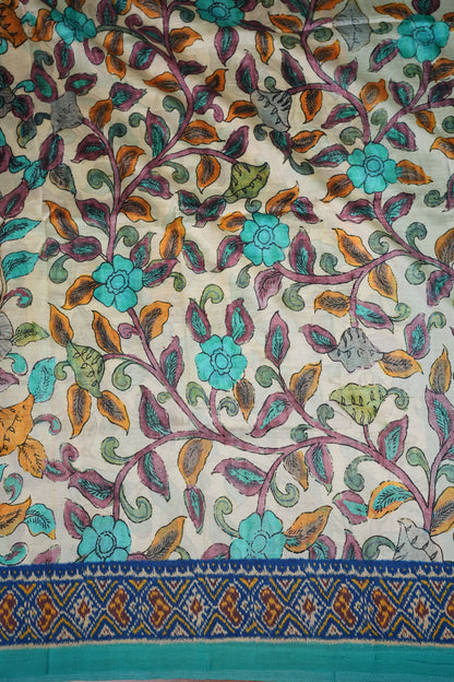 Tussar Saree with Kalamkari Body & Patola-Inspired Border and Pallu – Beige & Turquoise Blue