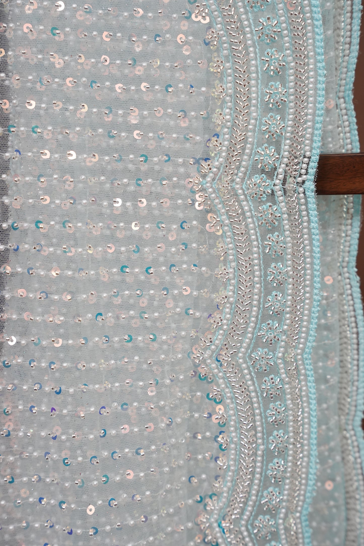 Party Wear Saree with All-Over Bead & Sequin Embellishments - Ice Blue