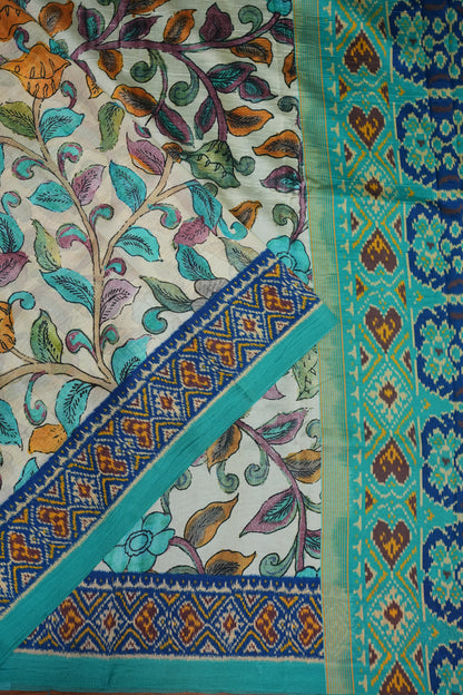 Tussar Saree with Kalamkari Body & Patola-Inspired Border and Pallu – Beige & Turquoise Blue