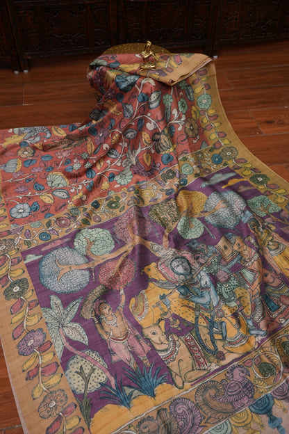 Tussar Saree with Kalamkari Body & Patola-Inspired Border and Pallu – Rust & Purple