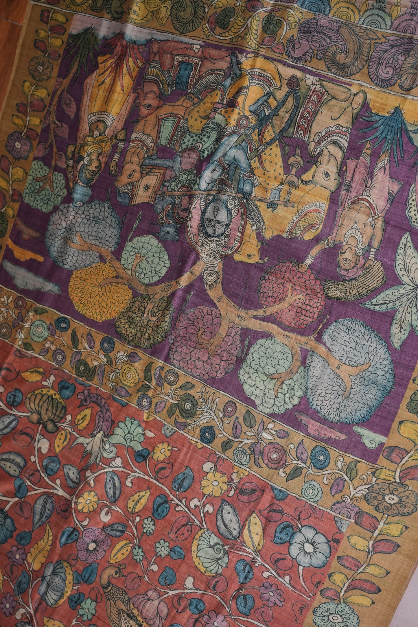 Tussar Saree with Kalamkari Body & Patola-Inspired Border and Pallu – Rust & Purple