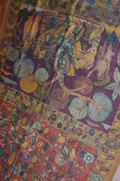 Tussar Saree with Kalamkari Body & Patola-Inspired Border and Pallu – Rust & Purple