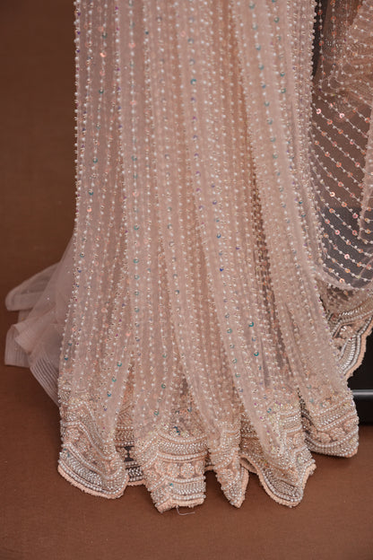 Party Wear Saree with All-Over Bead & Sequin Embellishments - Blush Nude