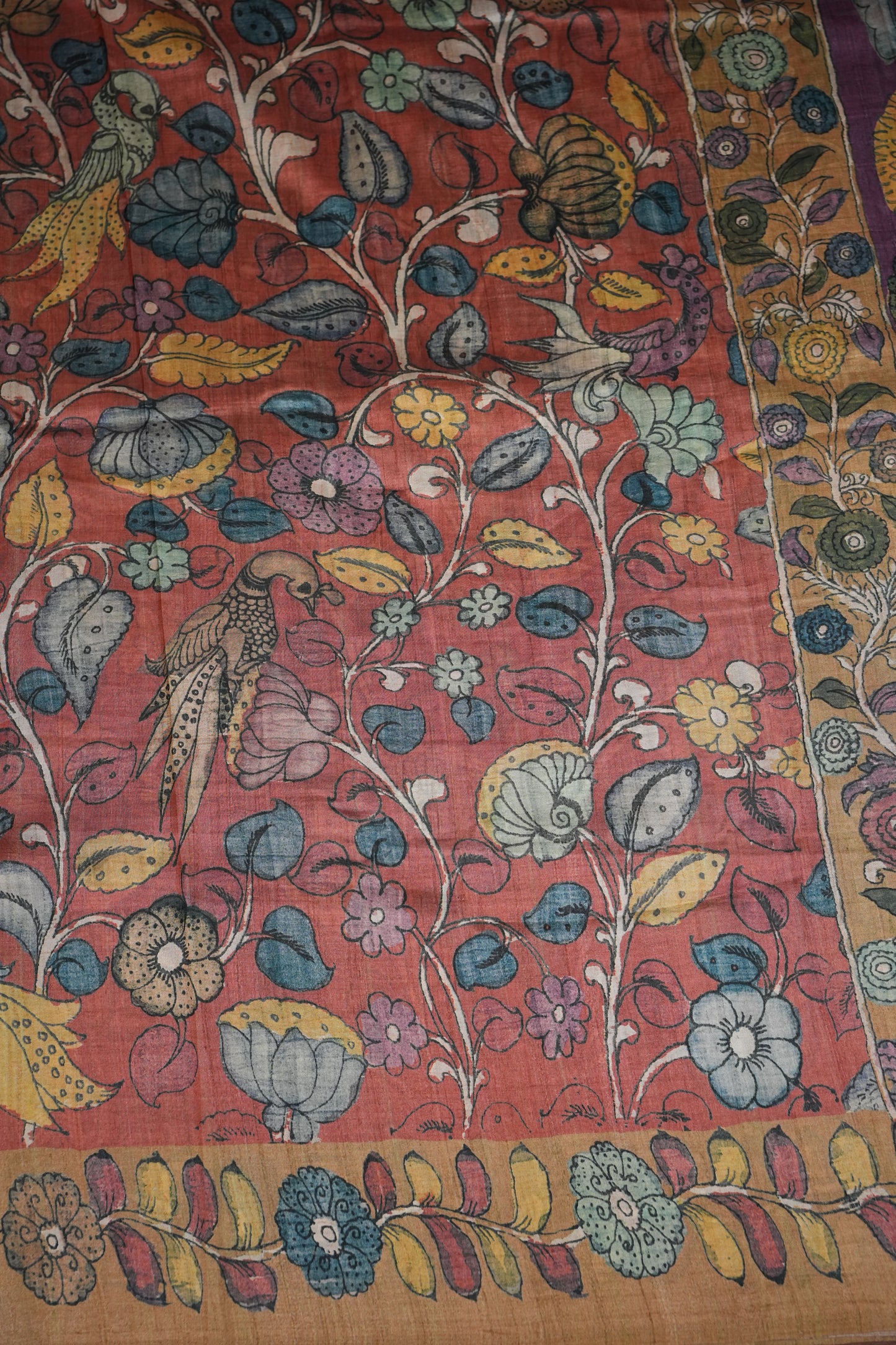 Tussar Saree with Kalamkari Body & Patola-Inspired Border and Pallu – Rust & Purple