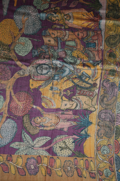 Tussar Saree with Kalamkari Body & Patola-Inspired Border and Pallu – Rust & Purple