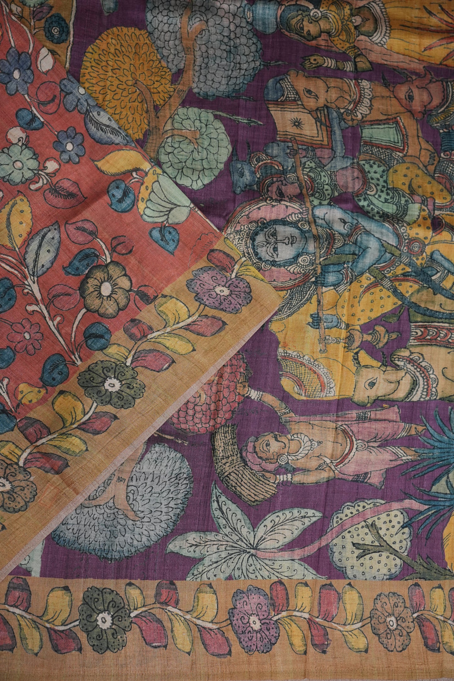 Tussar Saree with Kalamkari Body & Patola-Inspired Border and Pallu – Rust & Purple