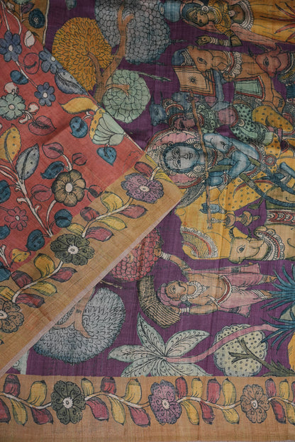 Tussar Saree with Kalamkari Body & Patola-Inspired Border and Pallu – Rust & Purple