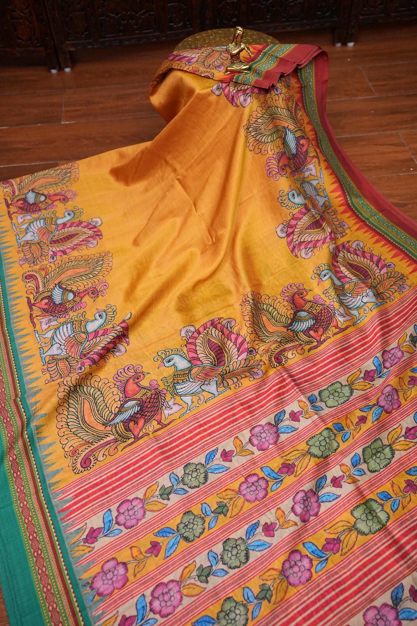 Tussar Saree with Kalamkari Body & Patola-Inspired Border and Pallu – Mustard & Teal Green