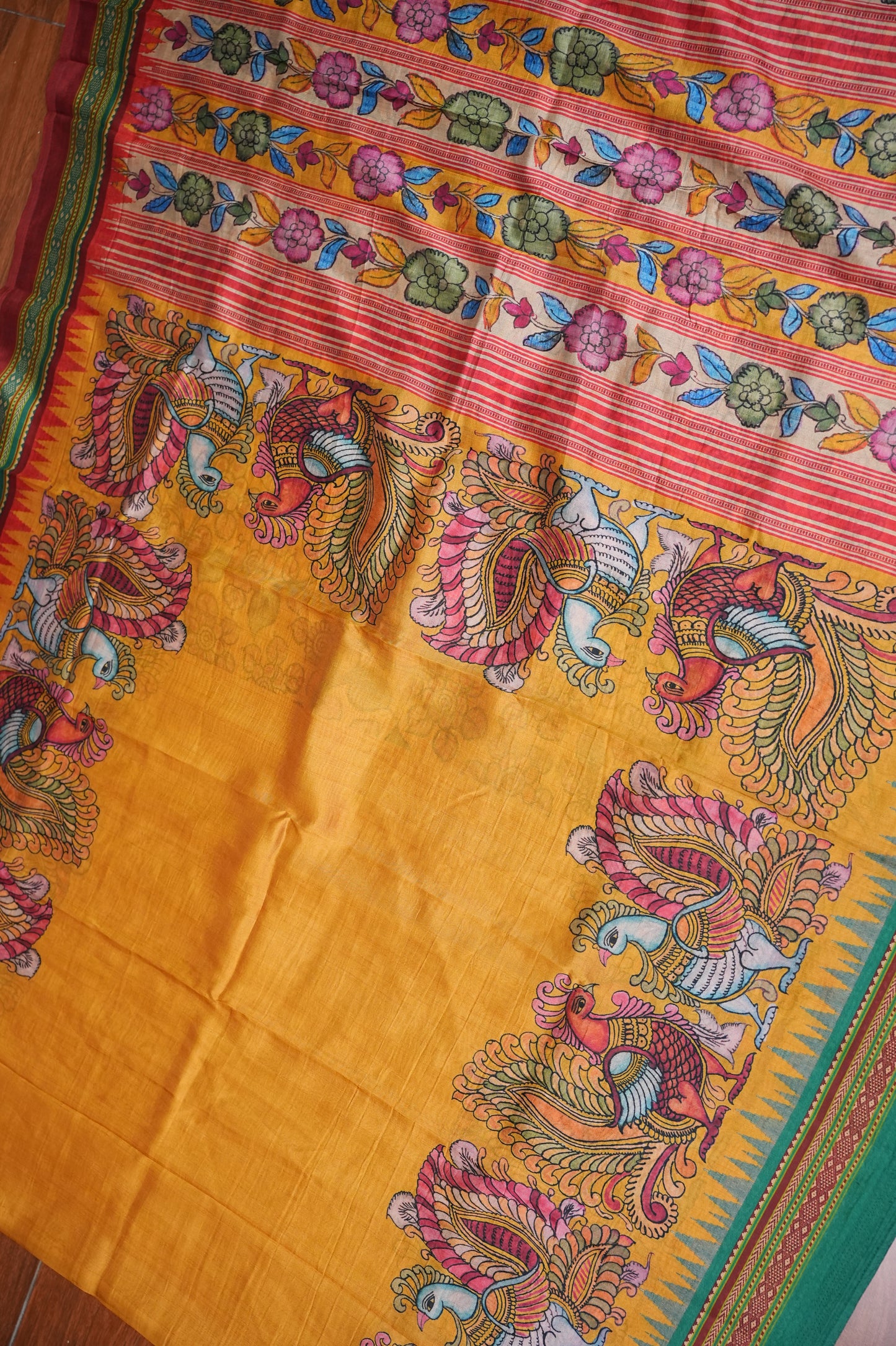 Tussar Saree with Kalamkari Body & Patola-Inspired Border and Pallu – Mustard & Teal Green