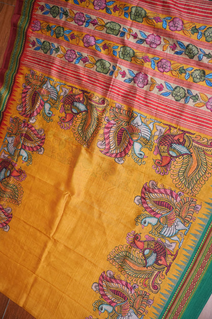 Tussar Saree with Kalamkari Body & Patola-Inspired Border and Pallu – Mustard & Teal Green