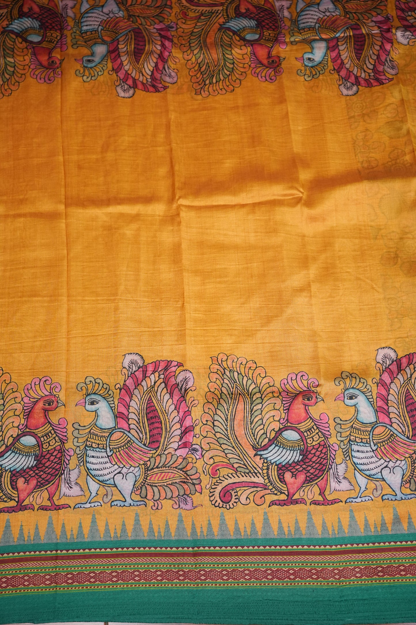 Tussar Saree with Kalamkari Body & Patola-Inspired Border and Pallu – Mustard & Teal Green