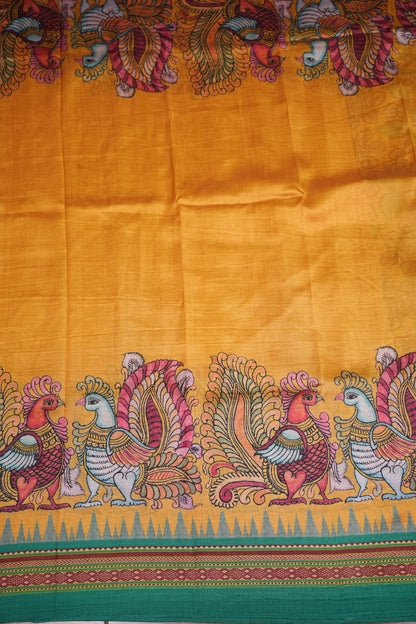Tussar Saree with Kalamkari Body & Patola-Inspired Border and Pallu – Mustard & Teal Green