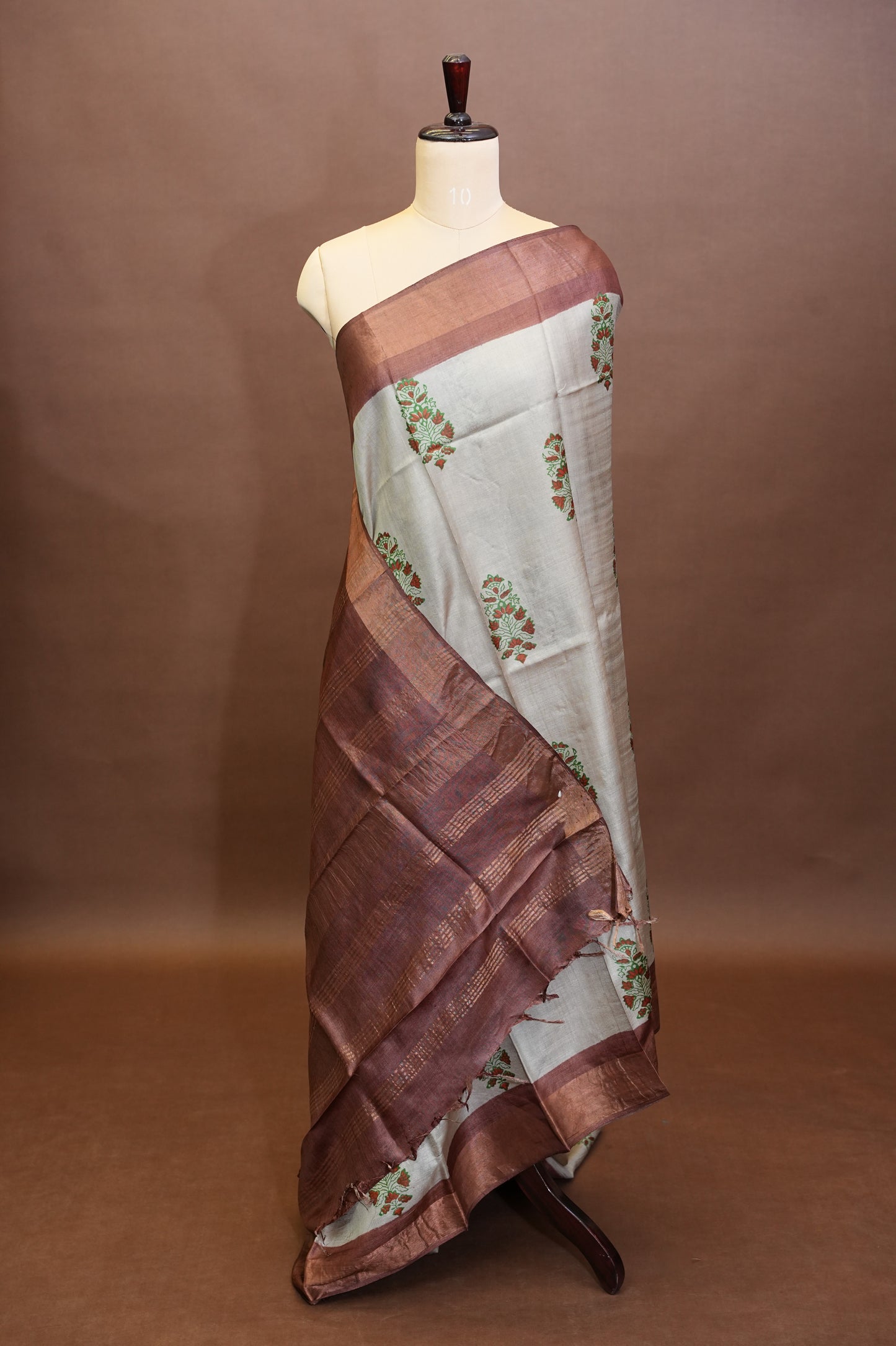 Floral Printed Pure Tussar Silk Saree-Half white|Silk Mark Certified