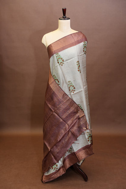 Floral Printed Pure Tussar Silk Saree-Half white|Silk Mark Certified