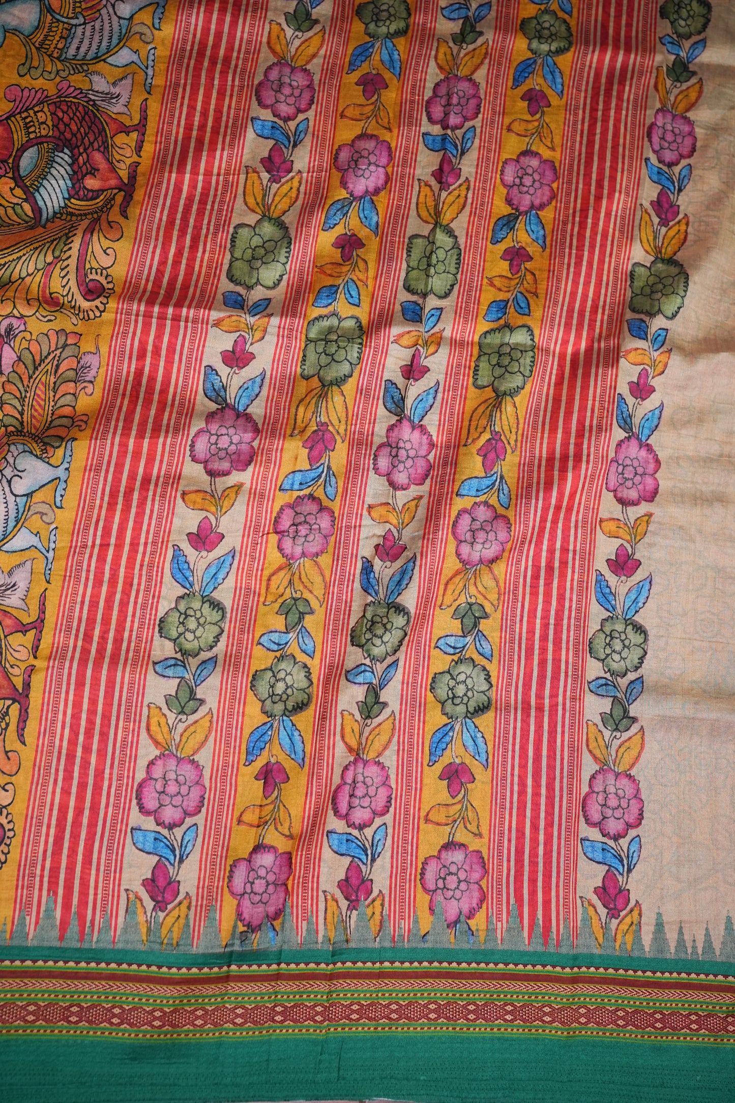 Tussar Saree with Kalamkari Body & Patola-Inspired Border and Pallu – Mustard & Teal Green