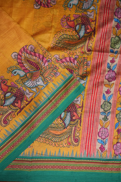 Tussar Saree with Kalamkari Body & Patola-Inspired Border and Pallu – Mustard & Teal Green