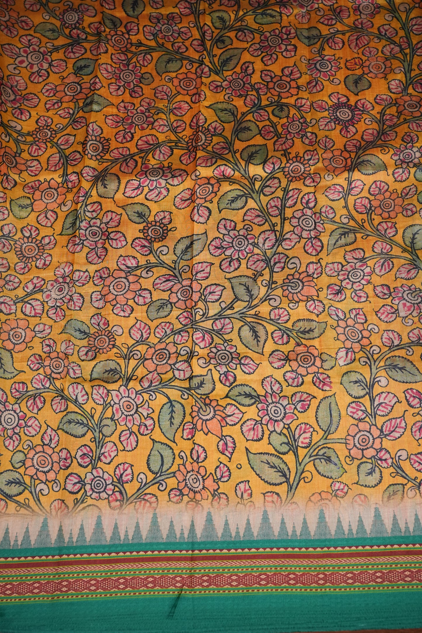 Tussar Saree with Kalamkari Body & Patola-Inspired Border and Pallu – Mustard & Teal Green
