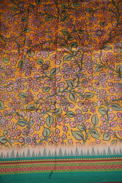 Tussar Saree with Kalamkari Body & Patola-Inspired Border and Pallu – Mustard & Teal Green