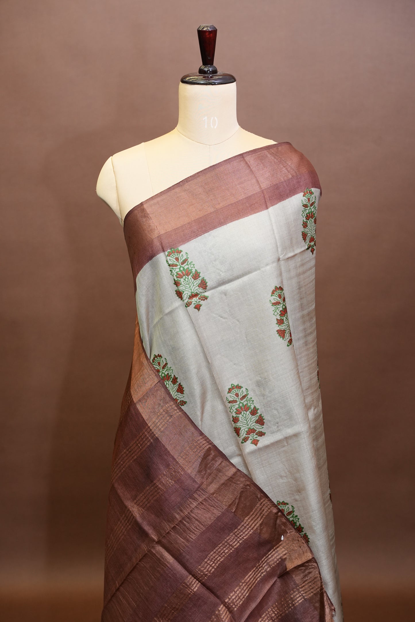 Floral Printed Pure Tussar Silk Saree-Half white|Silk Mark Certified