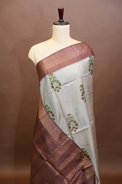 Floral Printed Pure Tussar Silk Saree-Half white|Silk Mark Certified