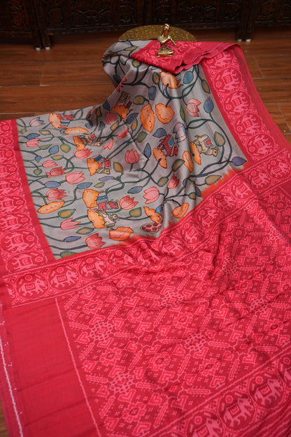 Tussar Saree with Kalamkari Body & Patola Border and Pallu – Grey & Red