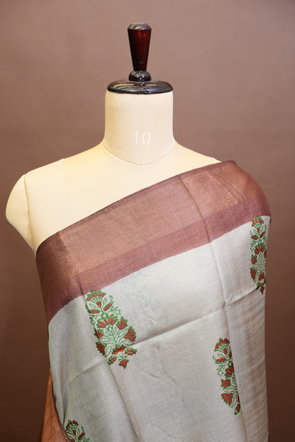 Floral Printed Pure Tussar Silk Saree-Half white|Silk Mark Certified