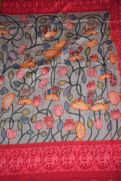 Tussar Saree with Kalamkari Body & Patola Border and Pallu – Grey & Red