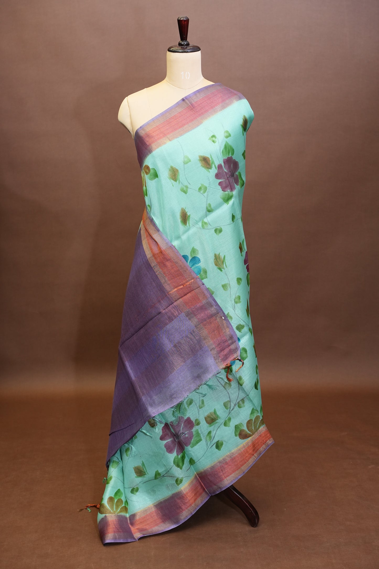 Floral Printed Pure Tussar Silk Saree-Sea Green|Silk Mark Certified
