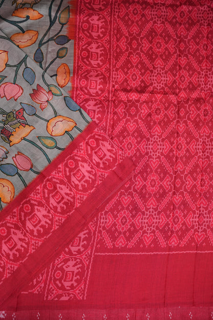 Tussar Saree with Kalamkari Body & Patola Border and Pallu – Grey & Red