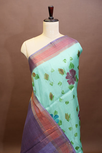 Floral Printed Pure Tussar Silk Saree-Sea Green|Silk Mark Certified