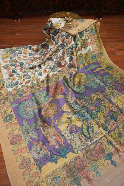 Tussar Saree with Kalamkari Body & Pictorial Pallu – Beige & Lavender Purple