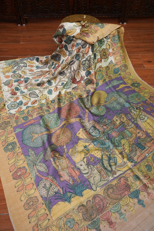 Tussar Saree with Kalamkari Body & Pictorial Pallu – Beige & Lavender Purple