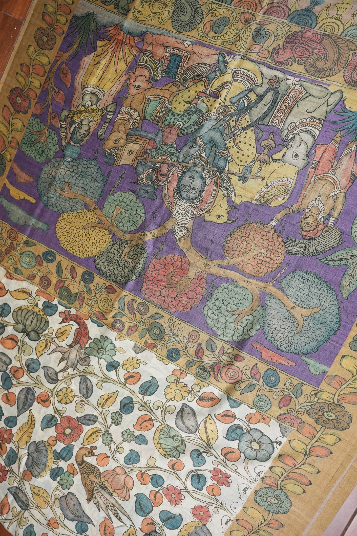 Tussar Saree with Kalamkari Body & Pictorial Pallu – Beige & Lavender Purple