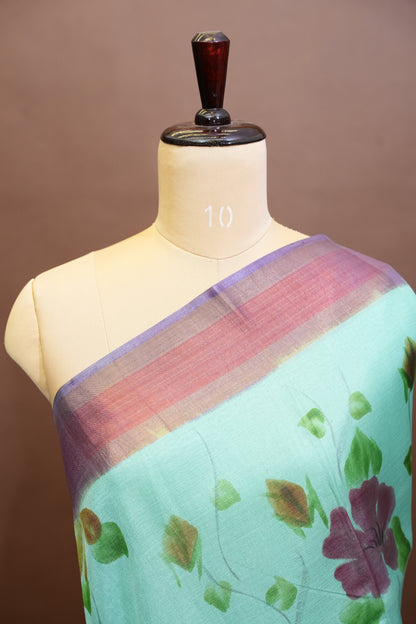 Floral Printed Pure Tussar Silk Saree-Sea Green|Silk Mark Certified