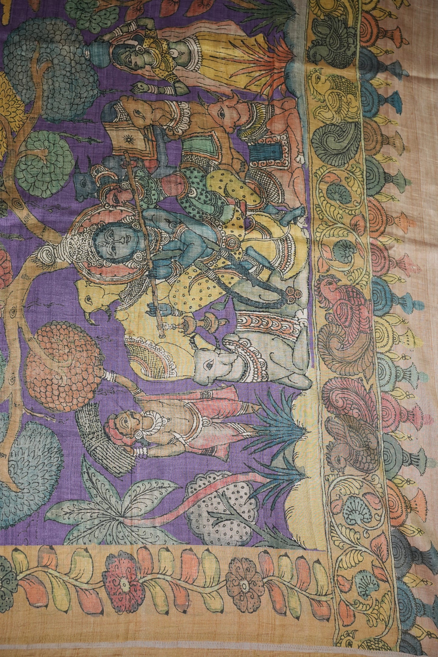 Tussar Saree with Kalamkari Body & Pictorial Pallu – Beige & Lavender Purple