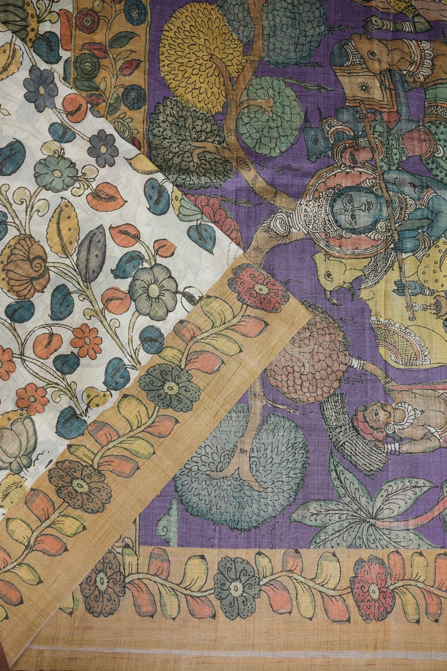 Tussar Saree with Kalamkari Body & Pictorial Pallu – Beige & Lavender Purple