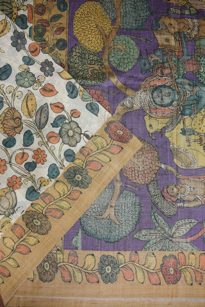 Tussar Saree with Kalamkari Body & Pictorial Pallu – Beige & Lavender Purple