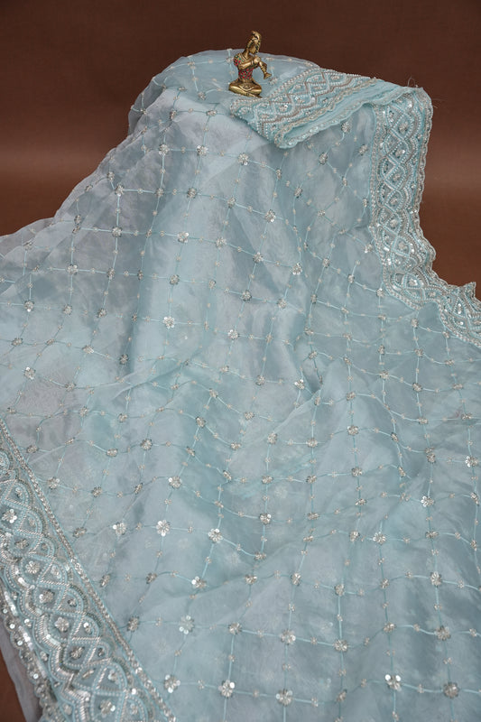 Party Wear Organza Saree with Silver Sequin Lattice - Pastel Blue