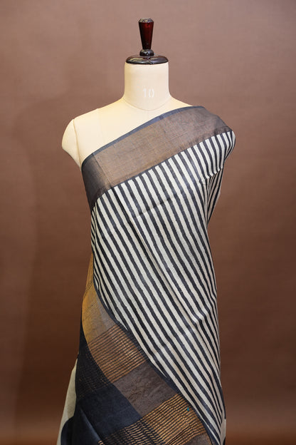 Geometric Patterned Pure Tussar Silk Saree-Monochrome|Silk Mark Certified