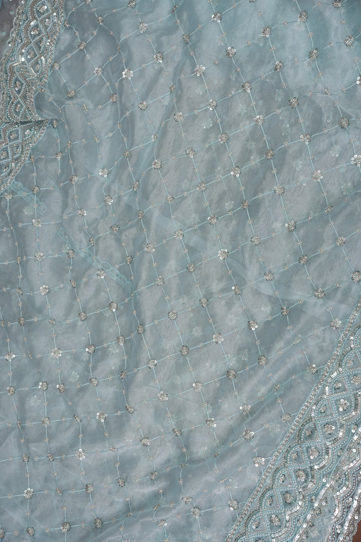 Party Wear Organza Saree with Silver Sequin Lattice - Pastel Blue