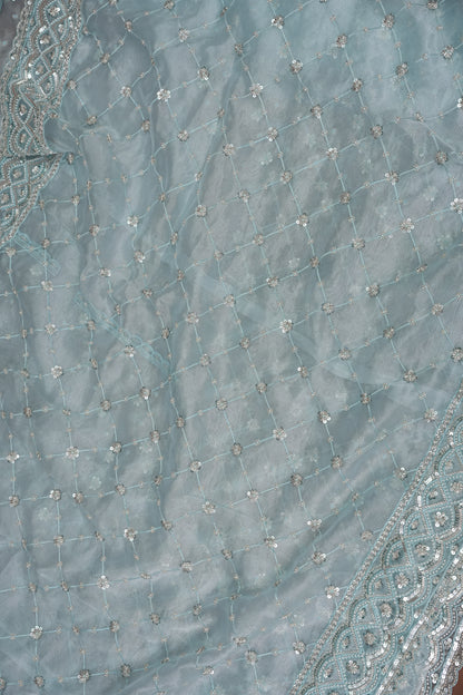 Party Wear Organza Saree with Silver Sequin Lattice - Pastel Blue
