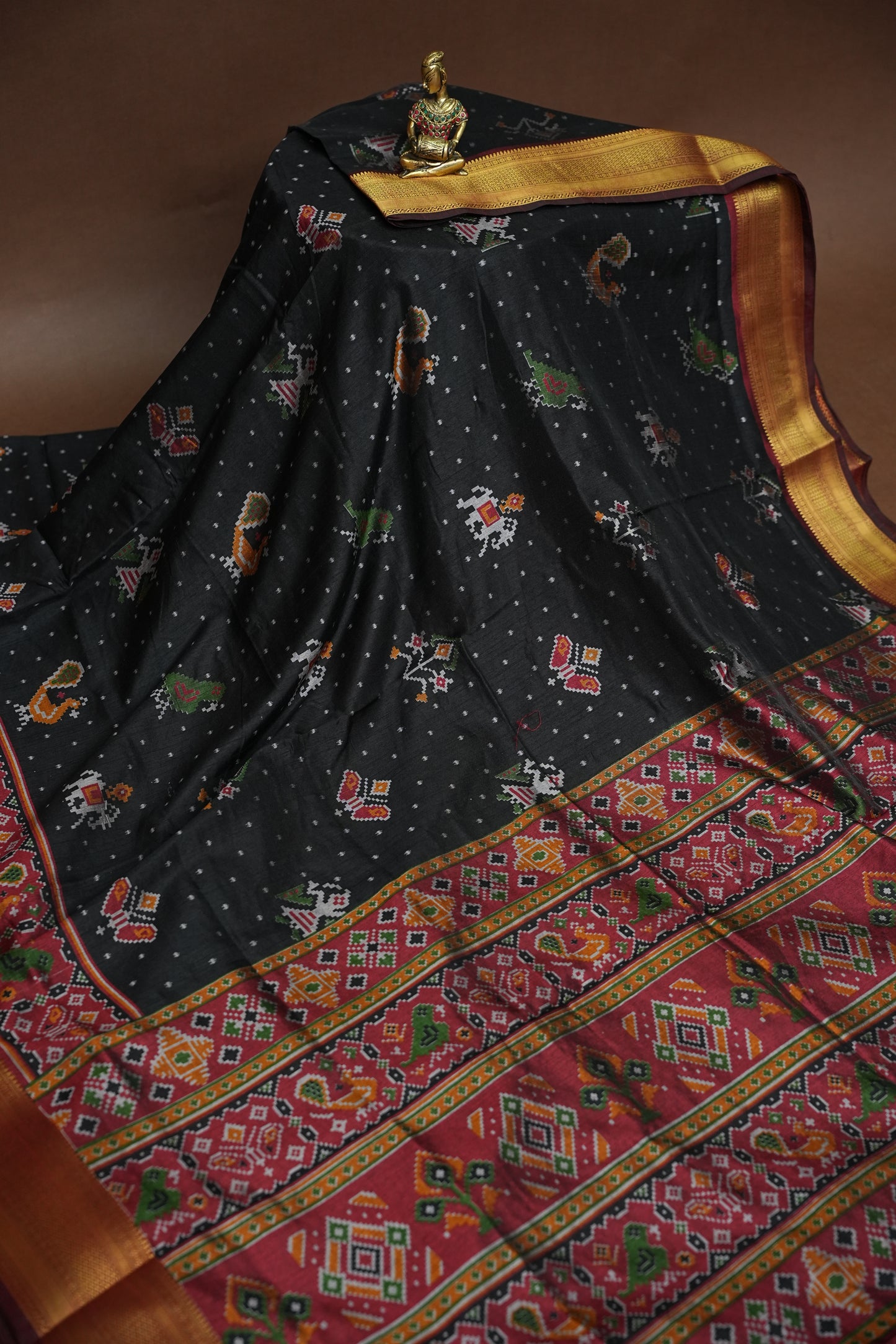 Charcoal Grey Semi Silk Saree with Traditional Ikat-Inspired Motifs & Rich Patola-Style Pallu