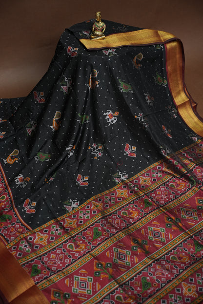 Charcoal Grey Semi Silk Saree with Traditional Ikat-Inspired Motifs & Rich Patola-Style Pallu