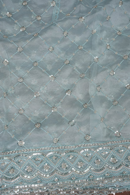 Party Wear Organza Saree with Silver Sequin Lattice - Pastel Blue