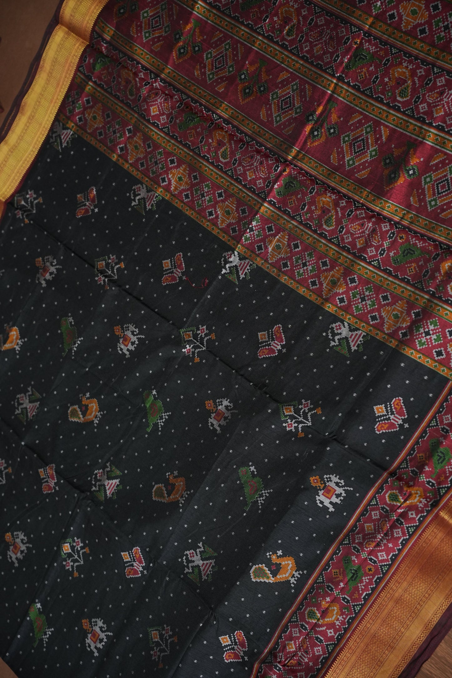 Charcoal Grey Semi Silk Saree with Traditional Ikat-Inspired Motifs & Rich Patola-Style Pallu